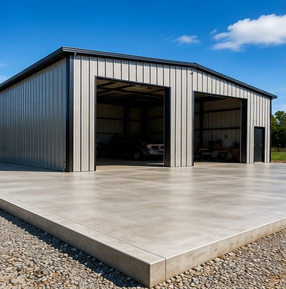 Concrete pad supporting a metal garage