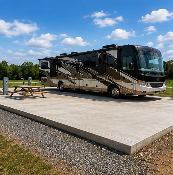 Long concrete pad for an RV garage or RV cover