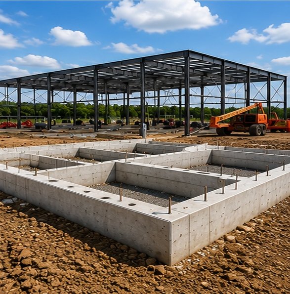 Commercial metal building constructed on a concrete foundation
