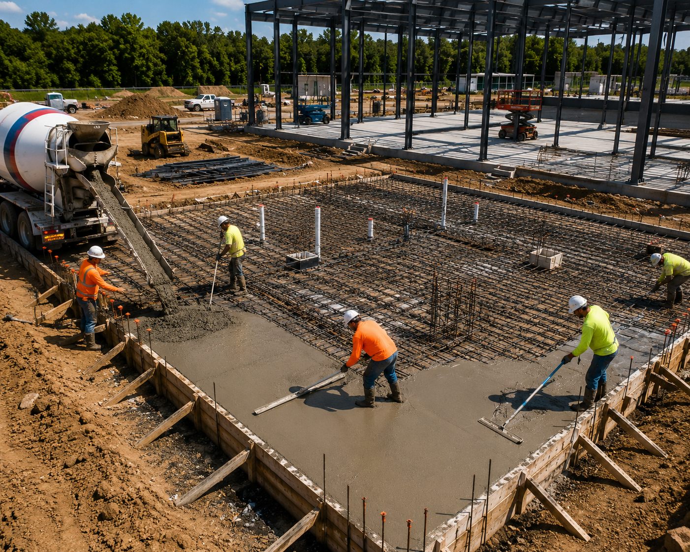 Concrete slab prepared for a metal carport, garage, or building addition