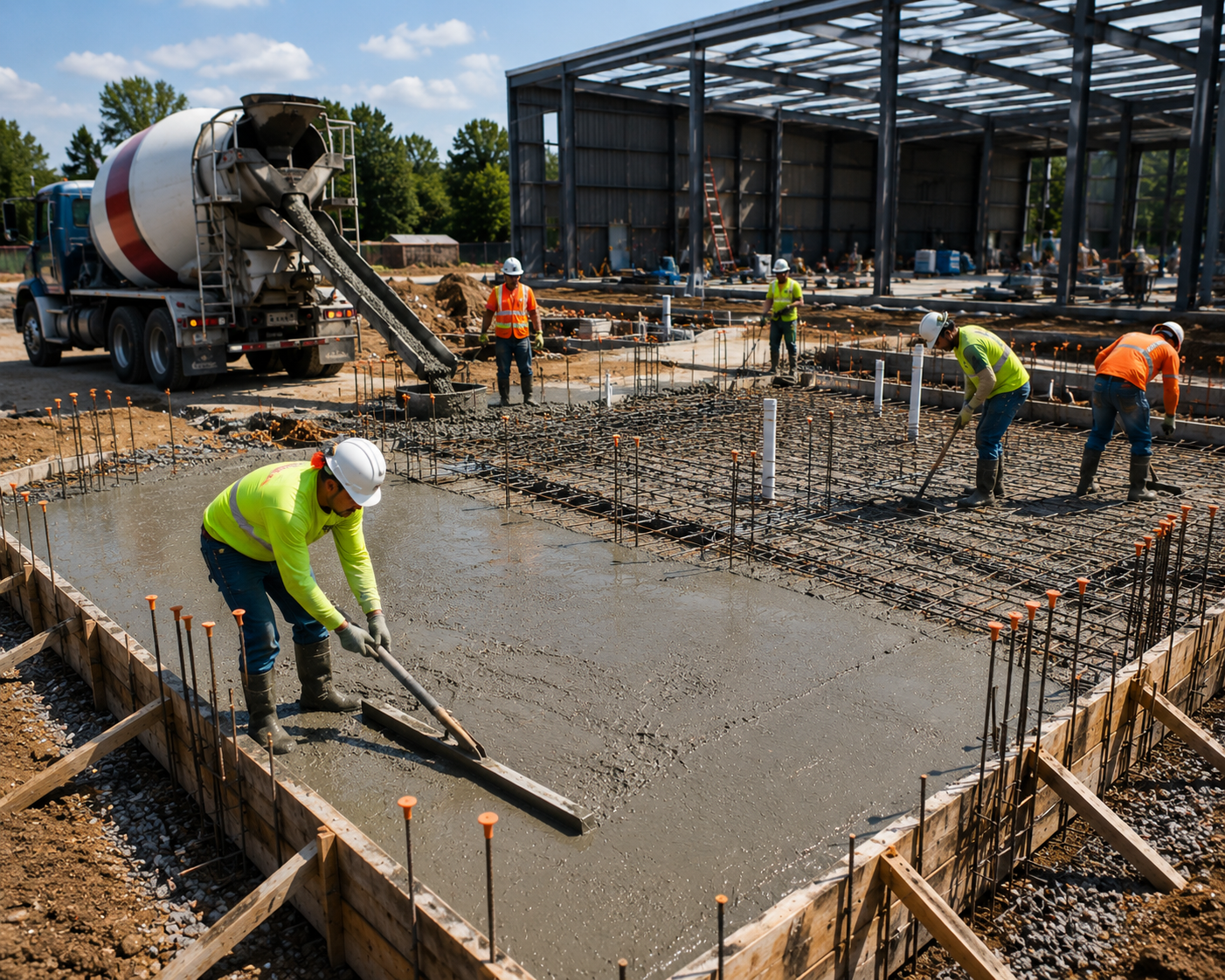 Concrete foundation and floor system for a metal barn or workshop